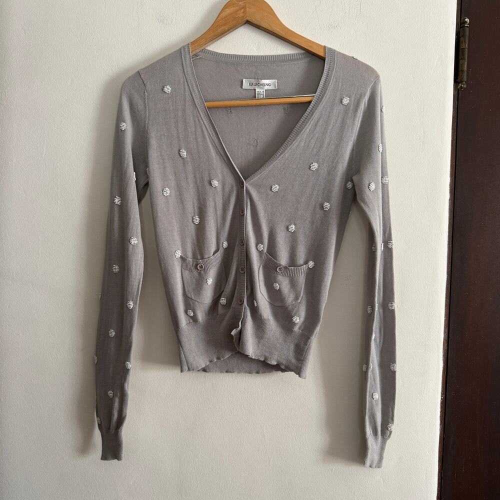 Lu Lu Cheng Gray Fine Knit Cardigan Sweater with all over Pearl beading Small